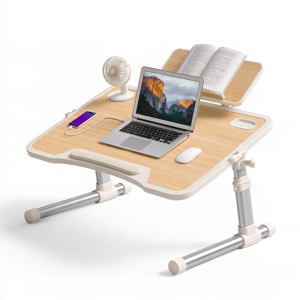 Verlesta adjustable white laptop bed desk with sleek, minimalist design, ideal for comfortable working or browsing in bed.
