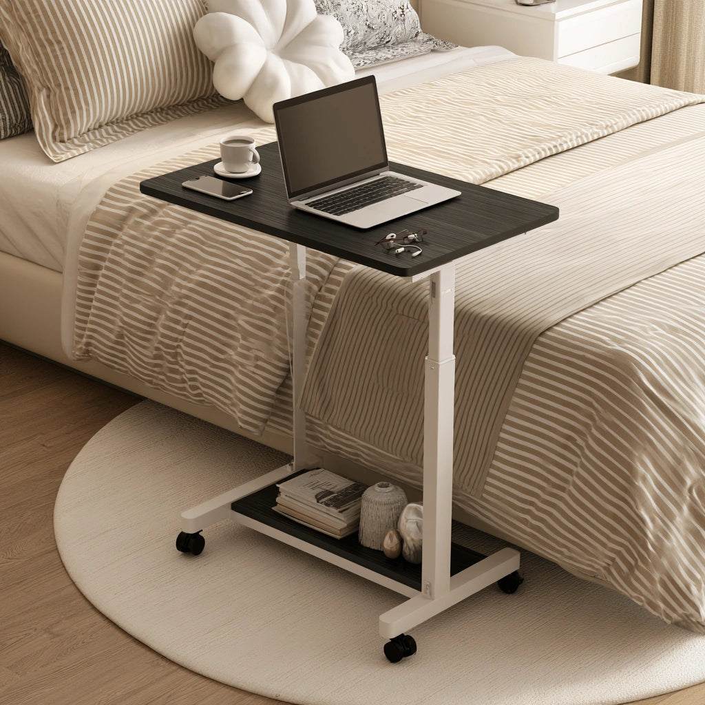 Adjustable wooden overbed table with black wood grain finish from Verlesta, featuring a sleek and functional design.