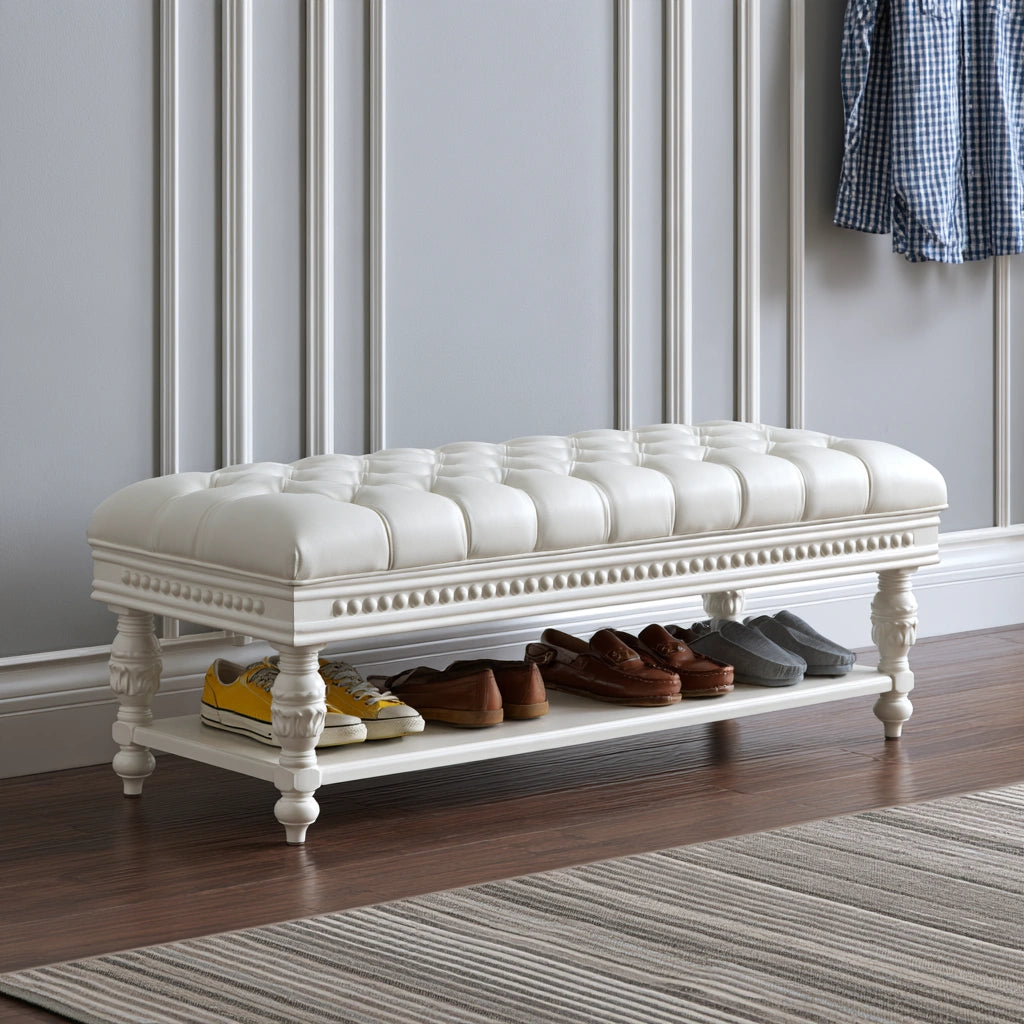 White tufted shoe bench with cushioned seat and sleek lines, modern design by Verlesta, angled full shot.
