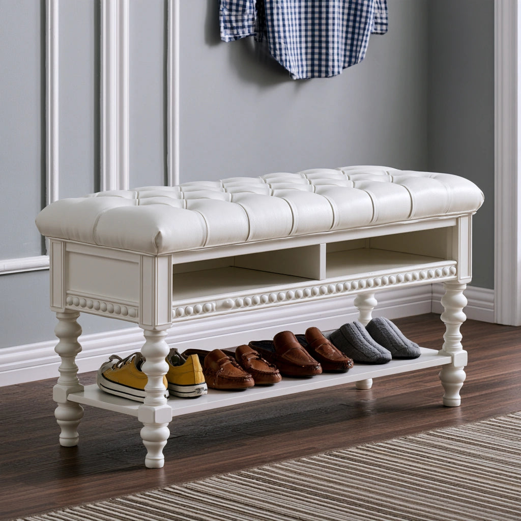Banc à chaussures avec assise rembourrée aux lignes épurées, coloris blanc