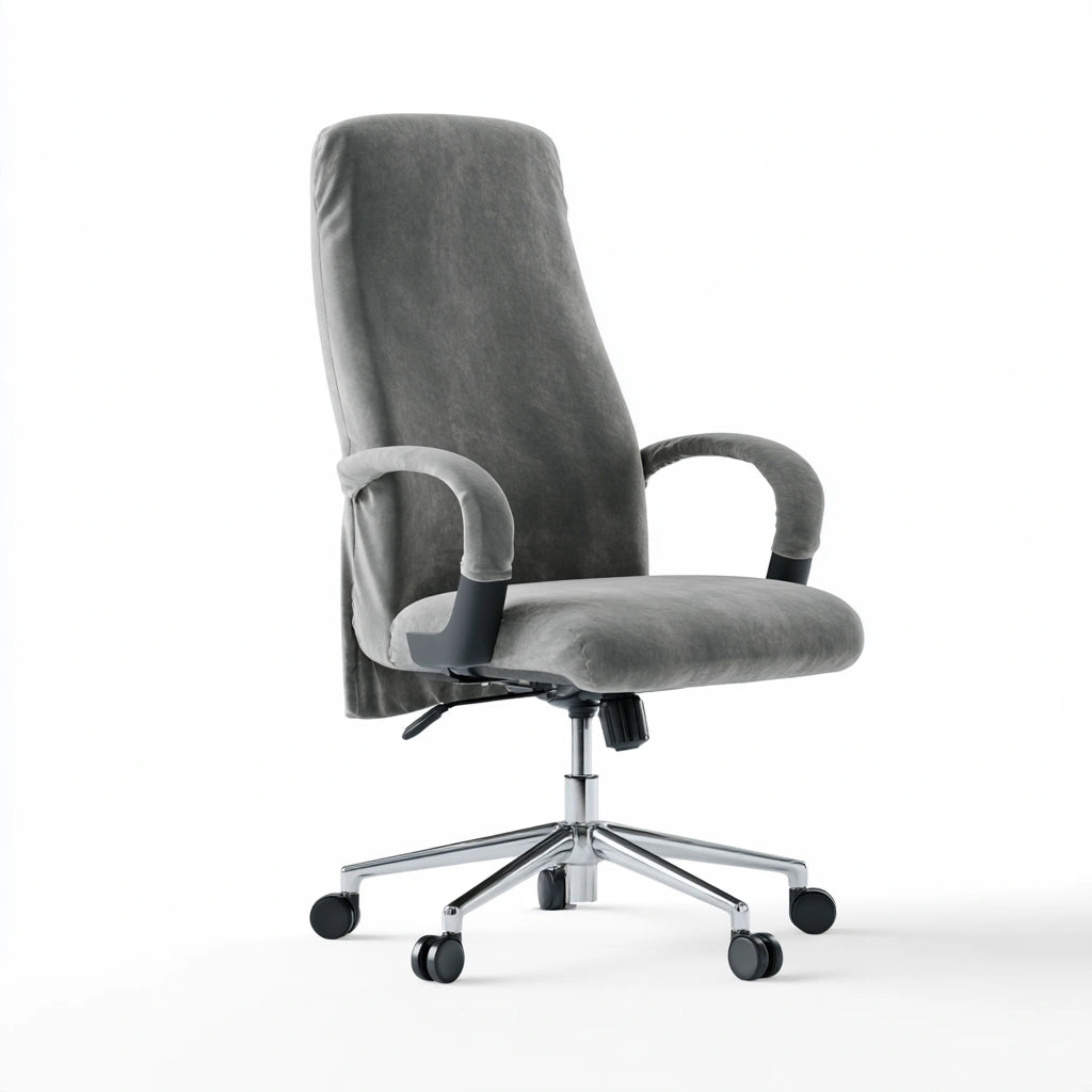 Extensible grey velvet office chair cover by Verlesta, fitting snugly over a modern desk chair with soft fabric texture.